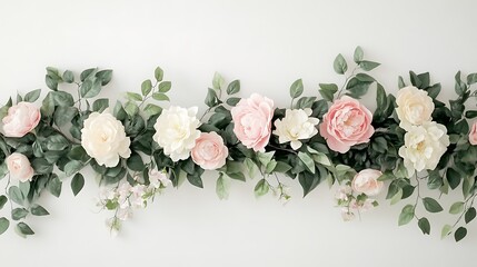 Floral garland with pink roses, and white background.