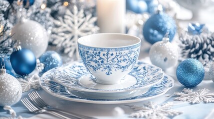 A Serene Winter Wonderland Tea Party: Elegant Blue and White Christmas Table Setting