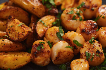 roasted scallops with baked potatoes wedges on a black plate