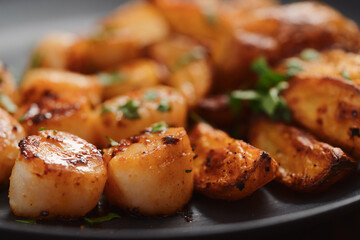 Seared scallops fith roasted potatoes on black plate closeup