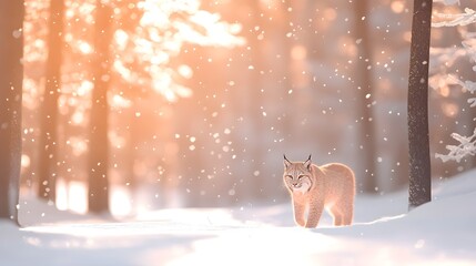 Lone fox wandering through snowy forest, warm sunlight filtering through tall trees, serene winter landscape.