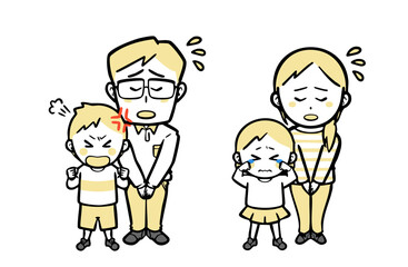 わがままを言って騒ぐ子供と、謝罪する夫婦