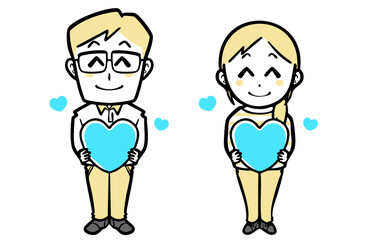 青いハートを持つ、普段着の若い夫婦