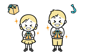 青いリボンのプレゼントを持つ、普段着の男女の子ども