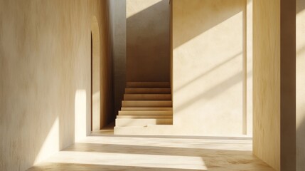 Obraz premium Sunlit Minimalist Interior: Beige Walls, Staircase, and Sunlight