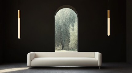 Modern living room interior with a minimalist sofa and arch window.