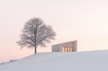 Minimalist cabin on snowy hill under soft dusk sky