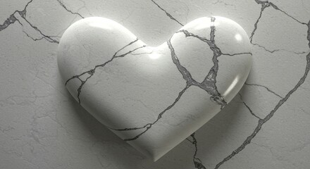A three-dimensional, cracked heart design on a light gray surface.