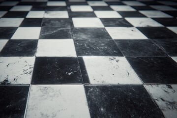 Distressed black and white checkered marble floor