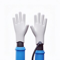 Obraz premium Two gloved hands are raised with a blood pressure cuff attached, symbolizing medical examination on a white background.