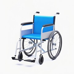 Fototapeta premium A modern blue and silver wheelchair with large rear wheels and smaller front wheels on a plain white background.