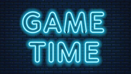 Obraz premium Neon sign with the words GAME TIME on a dark brick wall