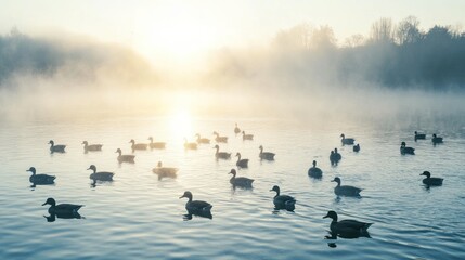 Misty Sunrise: A Flock of Ducks on a Serene Lake