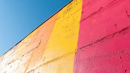 Naklejka premium Vibrant Colorful Abstract Wall with Bright Shades of Orange, Yellow, and Pink Under Clear Blue Sky