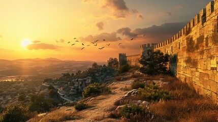 Sunrise over ancient fortress walls overlooking a valley.