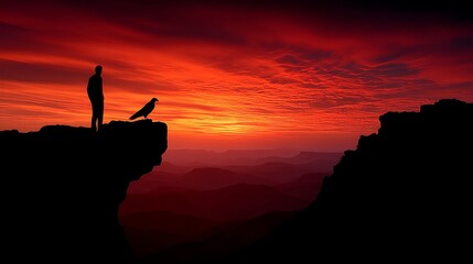 Silhouette of a man and a bird against a vibrant sunset sky