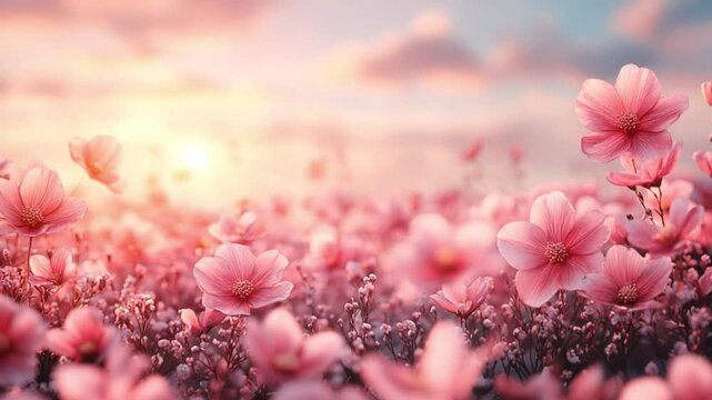 Romantic pink cherry blossoms blooming in spring with soft dreamy light.