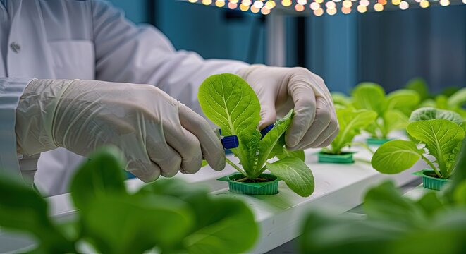 Hands tending hydroponic lettuce plants in a controlled environment.  Scientists are meticulously harvesting fresh produce