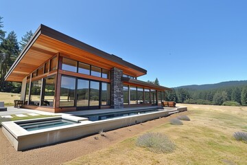 Fototapeta premium Modern house in a serene landscape with large windows and wooden features.