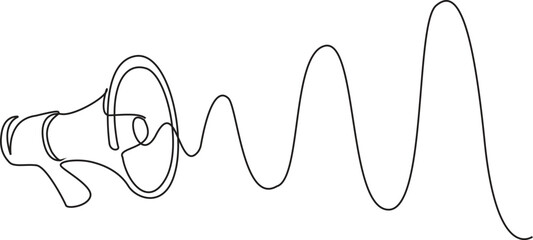 Continuous one line Megaphone announce symbol of marketing promotion in simple linear style. Business concept for attention and job offer. Public horn speaker Doodle vector illustration.