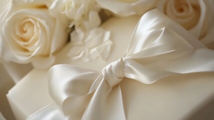 Obraz premium Elegant Cream Satin Ribbon Bow on Gift Box with Roses soft pure silk white decor macro light ivory
