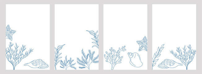 Marine elements doodle style poster set blue la dolce vita. Italian style. Undersea world. Menu design of postcard and poster. Vector illustration.