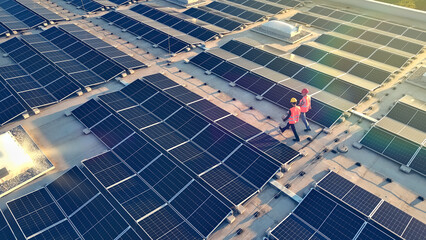 Aerial view of two workers inspecting a vast solar panel field, symbolizing sustainable energy and...