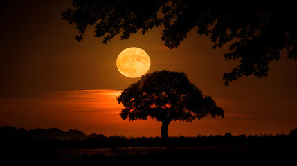 Fototapeta premium Tree silhouette with glowing full orange moon at night