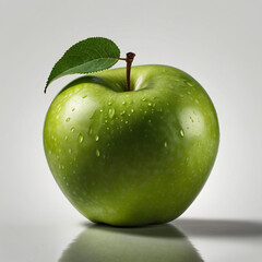 ripe tasty green apple with leaf isolated on white