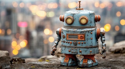 Rusty blue robot on rocky ground with blurred city lights behind