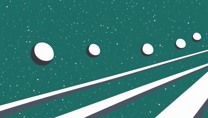 Cosmic highway with white orbs against a teal star-dusted backdrop