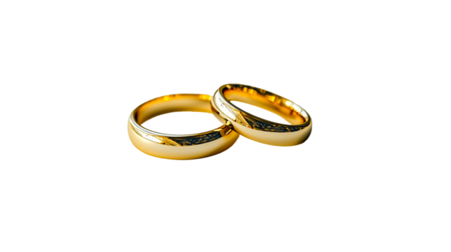 Two elegant gold wedding rings isolated on a clean white background, symbolizing love and commitment transparent background.