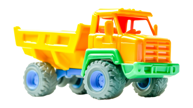 A small, colorful plastic toy truck, featuring red, yellow, and blue elements, is isolated on a white background, ready for childhood play and fun transportation isolated on a transparent background.