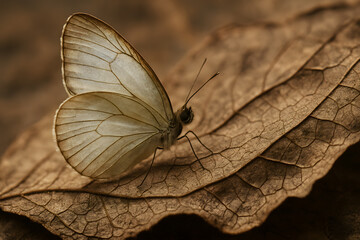 Obraz premium Delicate Butterfly Resting on a Cracked Leaf