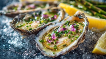 Succulent oysters on ice a garnished culinary delight