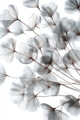 Ethereal wispy flowers delicately intertwining, their soft translucent petals creating an elegant montage against a pristine white background, evoking serenity.