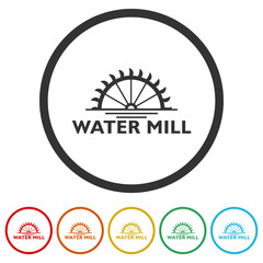 Water mill logo icon. Set icons in color circle buttons
