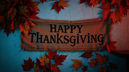 Thanksgiving Banner with Autumn Leaves on Blue Background  