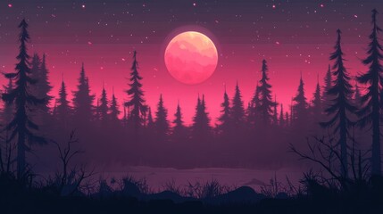 Fototapeta premium Pink Moonlit Forest Night: A Serene Digital Painting