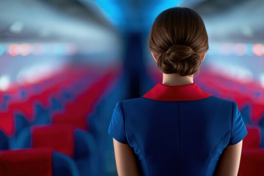 Welcoming flight attendant in stylish navy uniform on aircraft aisle