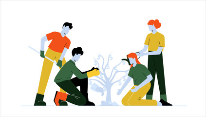 flat illustratin silhouettes of people planting