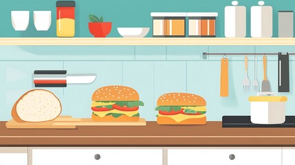 Kitchen Countertop Burgers  Bread.