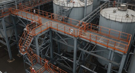 Industrial facility with elevated walkways and storage tanks