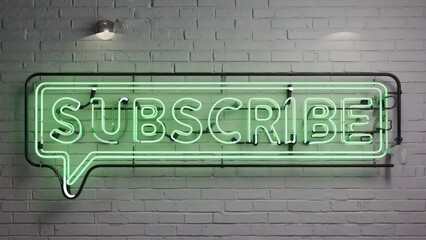 Neon green SUBSCRIBE sign in a speech bubble, mounted on a light gray brick wall