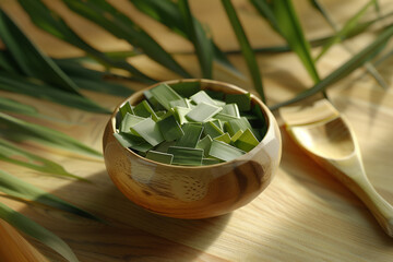 Wooden bowl filled with neatly cut pandan leaves