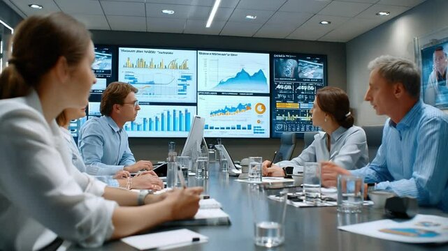 Corporate strategy meeting: A team of professionals meticulously reviews intricate charts and dynamic graphs displayed on multiple screens. A boardroom, where decisions are forged.