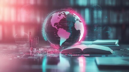 Holographic digital globe spinning with futuristic lines and binary data in the background. - Powered by Adobe