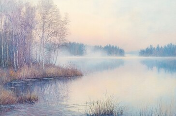 Fototapeta premium Morning mist over lake in early spring, pastel colors