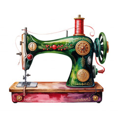 Vintage green sewing machine decorated with Christmas motifs on a wooden table