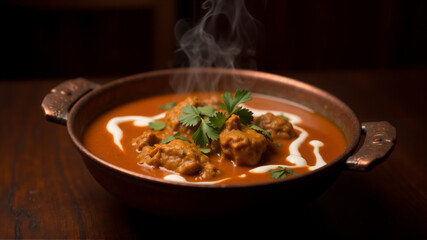 Delicious hot curry dish in rustic bowl